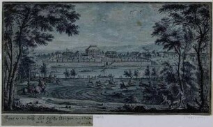 Das Schloss Übigau bei Dresden an der Elbe, 1726 gebaut und von August dem Starken erworben, Blick über die Elbe vom Ostragehege nach Westen, im Vordergrund Jagdszene