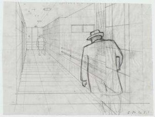 Das Mittelganghaus, Entwurf für die Ausstellung des BDA im Schloss Charlottenburg (nicht realisiert) – Innenperspektivansicht Mittelgang
