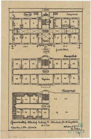 Fischer, Theodor; Reutlingen-Gmindersdorf; Arbeiterkolonie: Altenhof - Entwurf für ein Wohnhaus für 30 Einzelleute (Grundrisse)