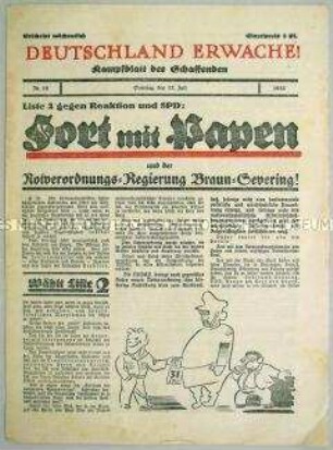 NS-Wochenblatt "Deutschland erwache!" mit scharfer Polemik gegen die Notverordnungen der Papen-Regierung