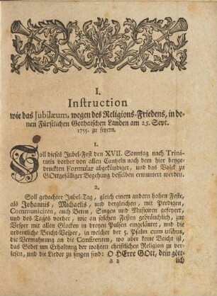 I. Instruction wie das Jubilæum, wegen des Religions-Friedens, ...