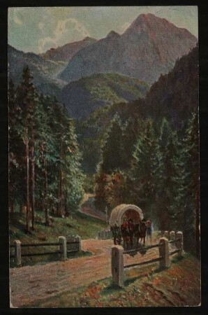Ansichtskarte von Hofmannsthal an seinen Vater mit kolorierter Ansicht des Gebirgspasses Kesselberg mit Blick auf den Herzogstand