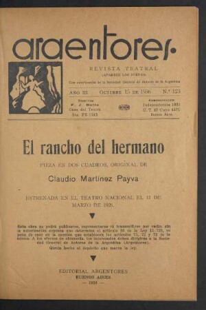 1936012300: El rancho del hermano : pieza en dos cuadros
