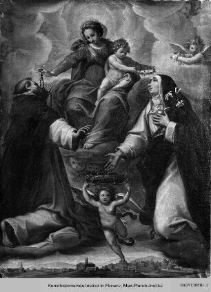 Rosenkranzmadonna mit den Heiligen Domenikus und Kolombina