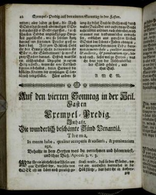 Auf den vierten Sonntag in der Heil. Fasten Exempel-Predig. Inhalt. Die wunderlich beschämte Sünd Venantiä