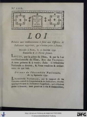 Loi relative aux remboursemens à faire aux Officiers de Judicature supprimés.