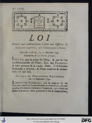 Loi relative aux remboursemens à faire aux Officiers de Judicature supprimés.
