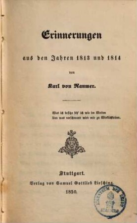 Erinnerungen aus den Jahren 1813 und 1814