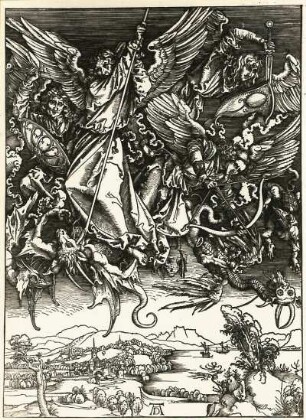 Dürer, Albrecht: Kampf der Engel, 13. Blatt der Apokalypse. Holzschnitt. Dresden: Kupferstich-Kabinett B 72