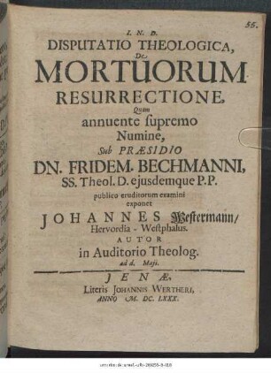 Disputatio Theologica, De Mortuorum Resurrectione