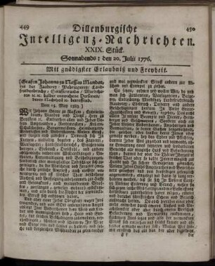 XXIX. Stück: Sonnabends: den 20. Julii 1776