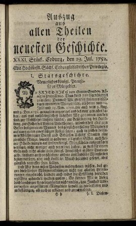 XXXI. Stück. Coburg, den 29. Jul. 1752.