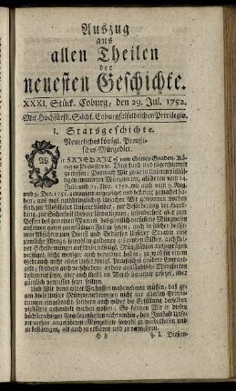 XXXI. Stück. Coburg, den 29. Jul. 1752.