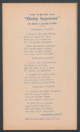 "Dicha Suprema" : Vals. Letra dedicada al joven Juan Di Rienzo.