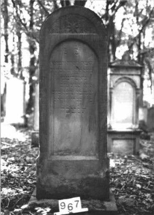 Grabstein 967 (Index: 99899501) Material: Sandstein Zustand: gut erhalten, unten verwittert Maße HxBxT: 147x52x20 cm Beschreibung: aufgesockelte Stele mit Rundbogenabschluss, im Bogenfeld Stern Symbolik: Stern: Grabstein 967