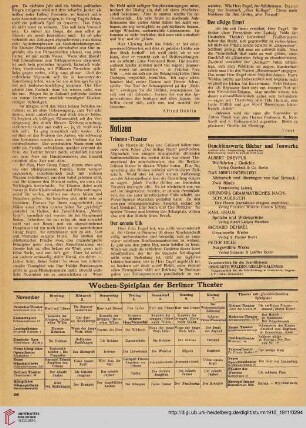 Notizen / Beachtenswerte Bücher und Tonwerke / Wochen-Spielplan der Berliner Theater