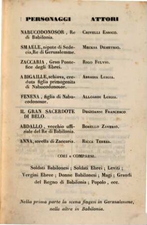 Nabucodonosor : dramma lirico in quattro parti ; da rappresentarsi nel Teatro Carignano l'autunno dell'anno 1843