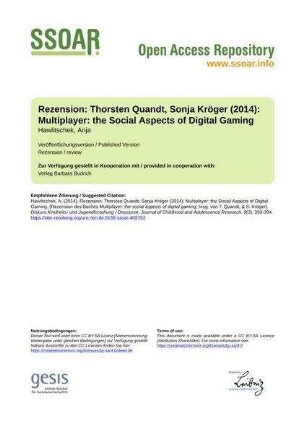 Rezension: Thorsten Quandt, Sonja Kröger (2014): Multiplayer: the Social Aspects of Digital Gaming