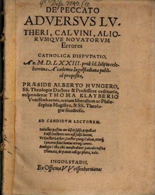 De peccato adversus Lutheri, Calvini, aliorumque novatorum errores catholica disputatio