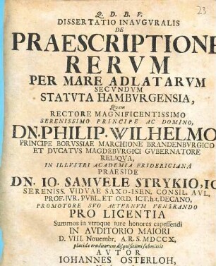 Dissertatio Inavgvralis De Praescriptione Rervm Per Mare Adlatarvm Secvndvm Statvta Hambvrgensia