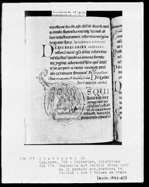 Libellus capitulorum - Kollektar (Benediktinerhandschrift) — Initiale D (eus qui) mit den drei Frauen am Grabe, Folio 77verso