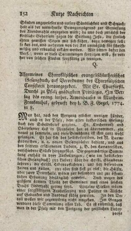 Allgemeines Churpfälzisches evangelisch-lutherisches Gesangbuch.