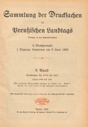3. Wahlperiode, 1. Tagung, 8. Band (1928). Drucksachen Nr. 4779 bis 5312: Verhandlungen des Preußischen Landtags. Sitzungsberichte des Preußischen Landtags. Anlagen, Sammlung der Drucksachen des Preussischen Landtags / Preußen Landtag