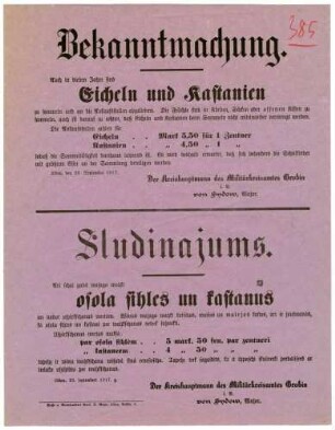 "Bekanntmachung." Sammlung von Eicheln und Kastanien