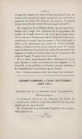 Concours d'admission a l'École Polytechnique (année 1879).