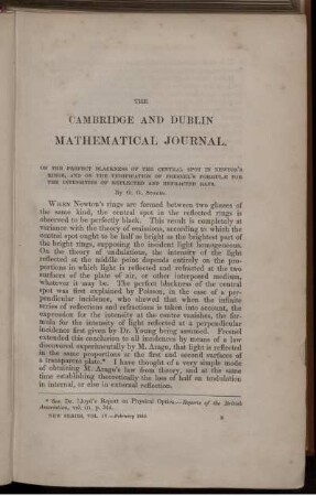 On the perfect blackness of the central spot in Newton's rings, and on the verification of Fresnel's formulae for the intensities of reflected and refracted rays.