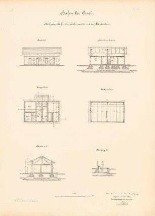 Kanalisierung der Oder Hafen, Cosel: Stallgebäude: Ansicht, Grundrisse, Schnitte 1:100