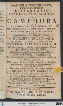 Joanni Laurentii Pirck, Vindobonensis Dissertatio Inauguralis Medica De Camphora