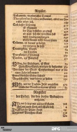 Register der Lieder, die bey diesen Andachten enthalten.