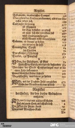 Register der Lieder, die bey diesen Andachten enthalten.