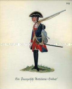 Uniformdarstellung, Artillerist, Königreich Frankreich, 1760/1761. Kopie der Originaltafel 108 aus Becher: Wahrhaftige Nachrichten.