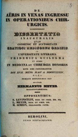 De aëris in venas ingressu in operationibus chirurgicis : Diss. inaug.