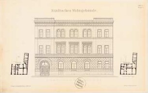 Städtisches Wohngebäude: Grundriss Souterrain, Hauptgeschoss, Ansicht (aus: Entwürfe von Bohnstedt, Heft I-VIII, 1875-1877)