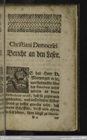Christiani Democriti Bericht an den Leser
