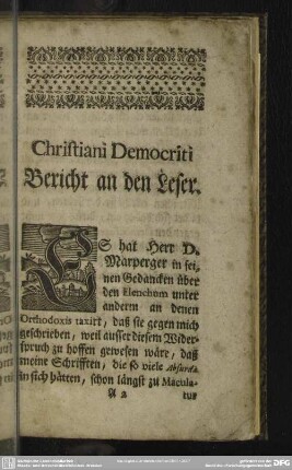Christiani Democriti Bericht an den Leser