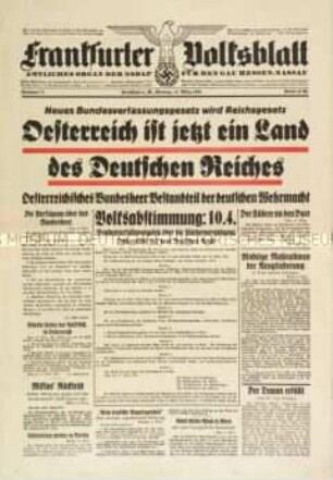 Regionale Tageszeitung "Frankfurter Volksblatt" zum "Anschluss" Österreichs