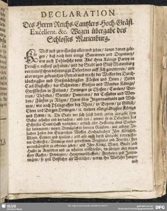 Declaration Des Herrn Reichs-Cantzlers ... Wegen Übergabe des Schlosses Marienburg