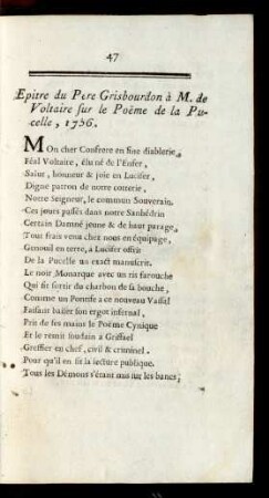 Epitre du Pere Grisbourdon à M. de Voltaire sur le Poeme de la Pucelle, 1756.