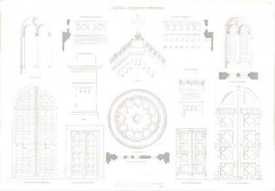 Gärtner, Friedrich von; München; St. Ludwig (Ludwigskirche) - Turmfenster, Haupttor, Seitentür, Unteres Pfeiler - Gesims, Oberes Pfeiler - Gesims u. Giebel (Ansichten); Türen an der unteren Galerie u. Türen an der oberen Galerie (Ansichten, Schnitte); Giebel - Rosette u. Taufkapellen - Fenster (Grundrisse, Ansichten)