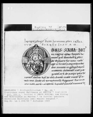 Handschrift Hieronymus super Matthaeum et Marcus, fol. 103 v: Initiale O zum Prolog des Hieronymus zu Markus
