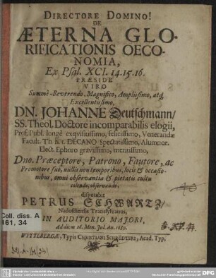 De aeterna glorificationis oeconomia, ex Psal. XCI. 14.15.16.