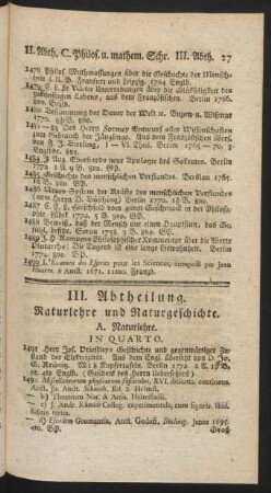 III. Abtheilung. Naturlehre und Naturgeschichte.