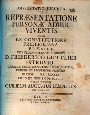 Diss. ... de repraesentatione personae adhuc viventis