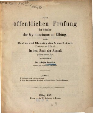 Zu der öffentlichen Prüfung und Schlußfeier in dem Saale der Anstalt ... ladet ergebenst ein, 1866/67
