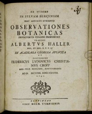Ex Itinere In Sylvam Hercyniam Hac Aestate Svscepto Observationes Botanicas