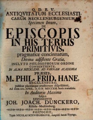 Antiquitatum ecclesiasticarum Mecklenburgensium specimen Imum, de episcopis in his terris primitivis, pragmatice concinnatum